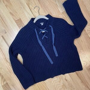 Aerie Chunky Cable Knit Lace Up Blue Sweater Size Small